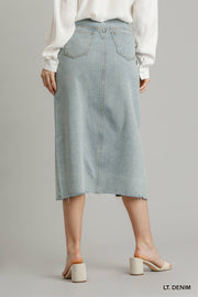 Asymmetrical Waist And Button Up Front Split Denim Skirt With Back Pockets And Unfinished Hem - Fashionmj