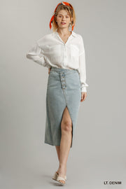 Asymmetrical Waist And Button Up Front Split Denim Skirt With Back Pockets And Unfinished Hem - Fashionmj