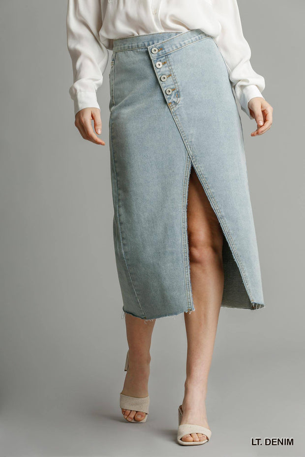 Asymmetrical Waist And Button Up Front Split Denim Skirt With Back Pockets And Unfinished Hem - Fashionmj