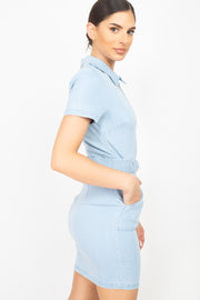 Belted Bodycon Collared Denim Dress - Fashionmj