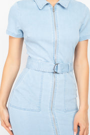 Belted Bodycon Collared Denim Dress - Fashionmj