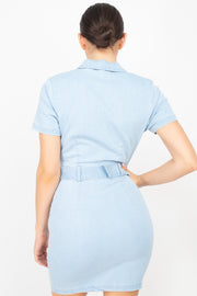 Belted Bodycon Collared Denim Dress - Fashionmj