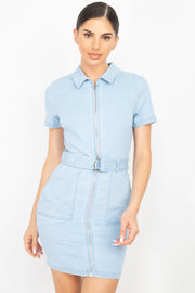 Belted Bodycon Collared Denim Dress - Fashionmj