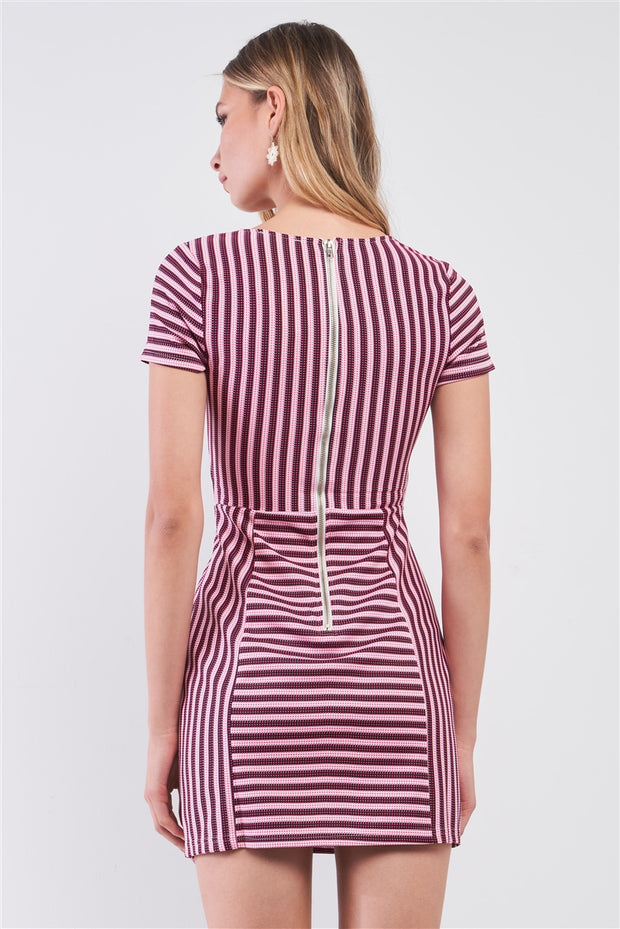 Pink & Black Striped Short Sleeve Cut-out Detail Tight Fit Mini Dress - Fashionmj