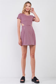 Pink & Black Striped Short Sleeve Cut-out Detail Tight Fit Mini Dress - Fashionmj