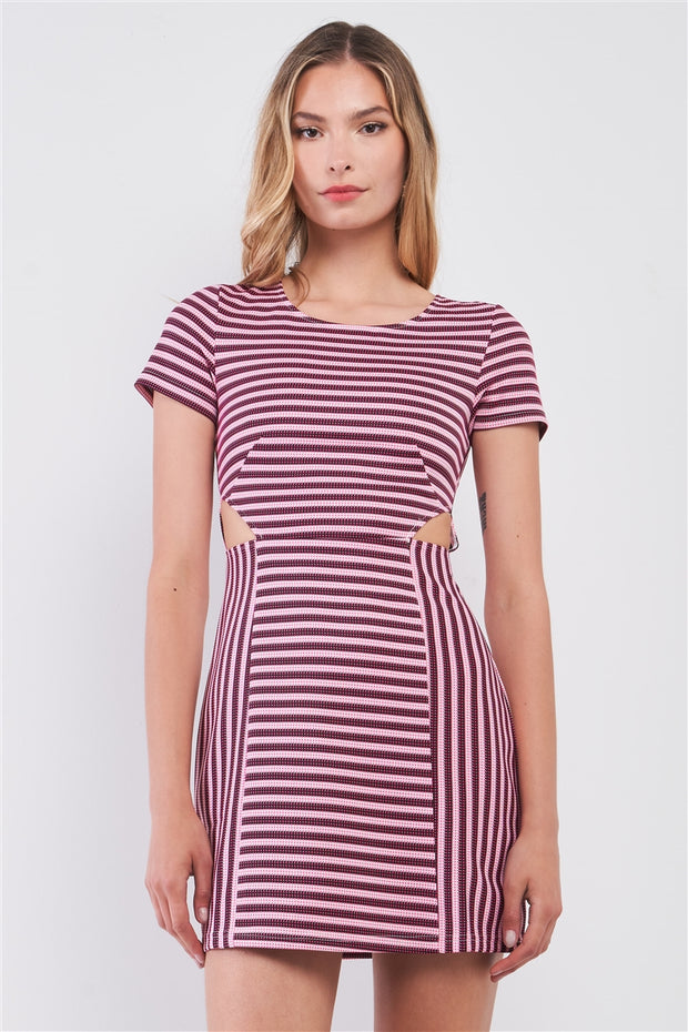 Pink & Black Striped Short Sleeve Cut-out Detail Tight Fit Mini Dress - Fashionmj