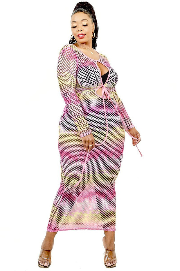 Plus See-through Gradient Fishnet Overlay Dress - Fashionmj