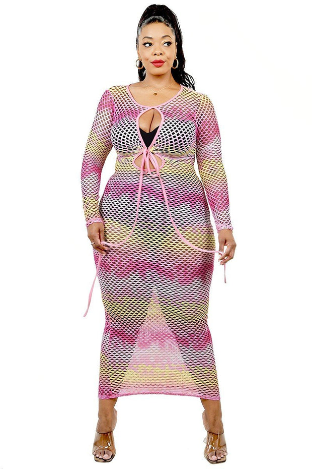 Plus See-through Gradient Fishnet Overlay Dress - Fashionmj