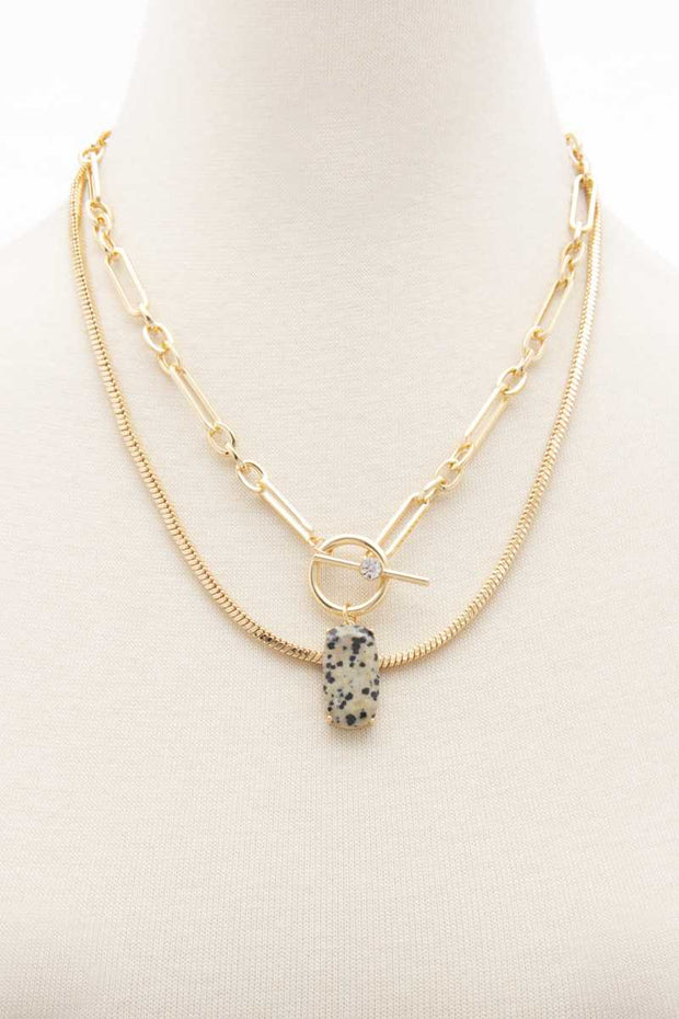 Oval Stone Toggle Clasp Layered Necklace - Fashionmj