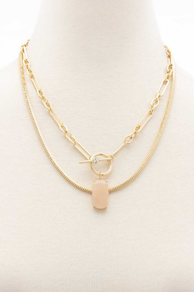 Oval Stone Toggle Clasp Layered Necklace - Fashionmj