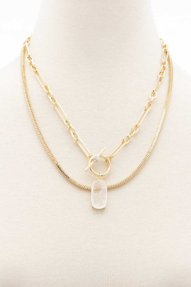 Oval Stone Toggle Clasp Layered Necklace - Fashionmj