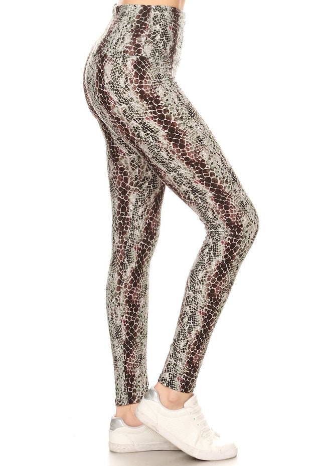 Yoga Style Banded Lined Snakeskin Printed Knit Legging With High Waist. - Fashionmj