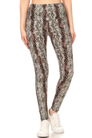 Yoga Style Banded Lined Snakeskin Printed Knit Legging With High Waist. - Fashionmj