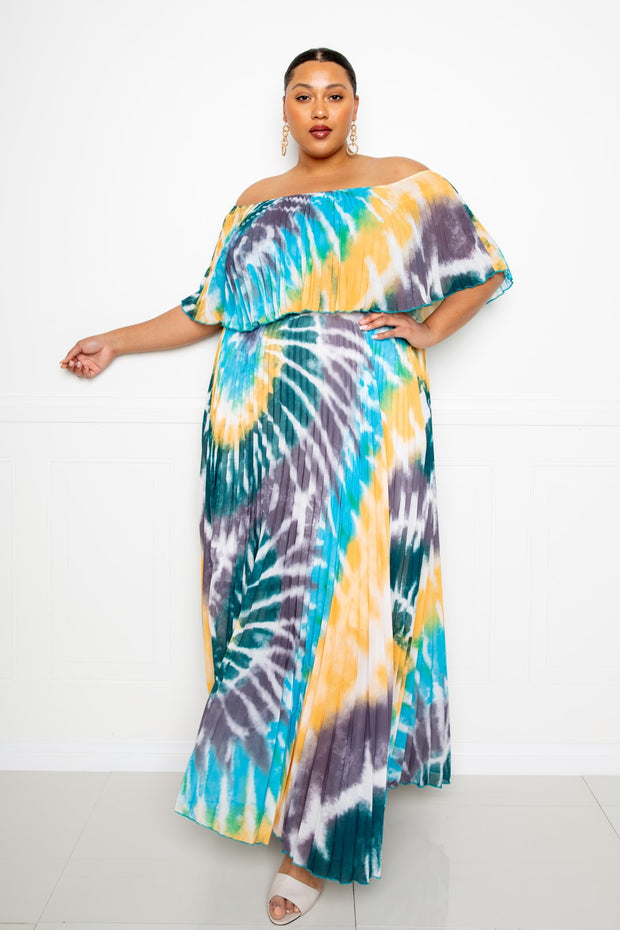 Tie Dye Off Shoulder Pleated Maxi Dress - Fashionmj