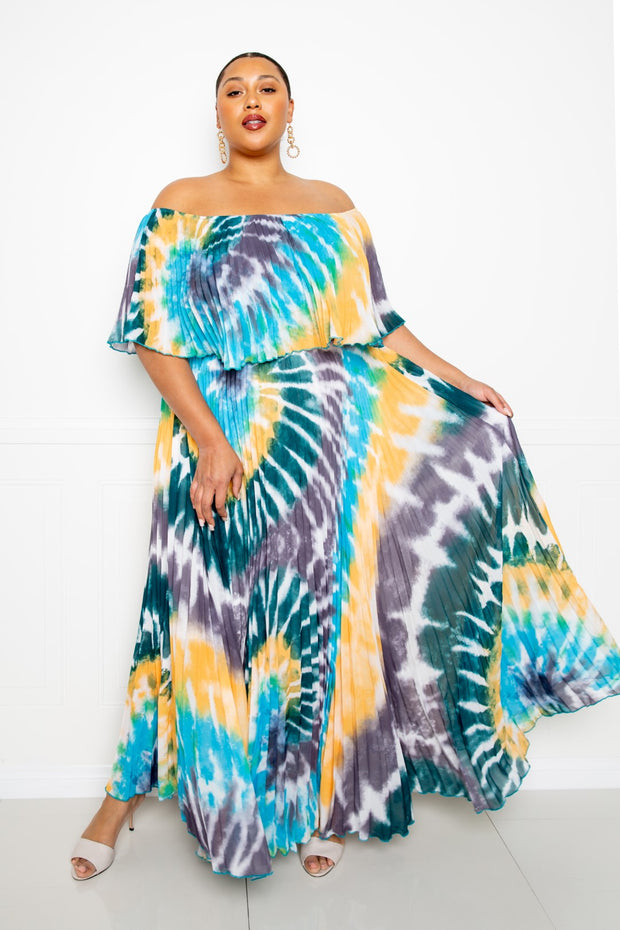 Tie Dye Off Shoulder Pleated Maxi Dress - Fashionmj