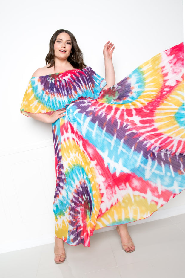 Tie Dye Off Shoulder Pleated Maxi Dress - Fashionmj