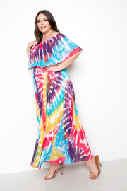 Tie Dye Off Shoulder Pleated Maxi Dress - Fashionmj