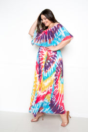 Tie Dye Off Shoulder Pleated Maxi Dress - Fashionmj