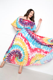 Tie Dye Off Shoulder Pleated Maxi Dress - Fashionmj