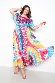 Tie Dye Off Shoulder Pleated Maxi Dress - Fashionmj