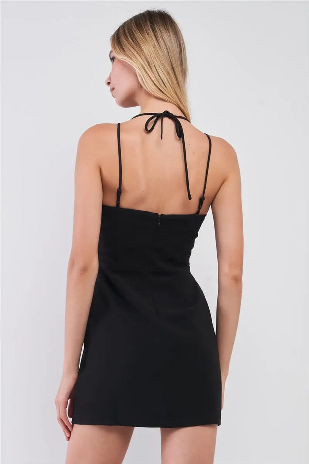 Black Slim Fit Sleeveless V-neck Front Corset Inspired Tie-up Detail Cocktail Mini Dress - Fashionmj