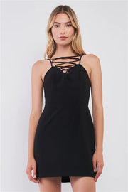 Black Slim Fit Sleeveless V-neck Front Corset Inspired Tie-up Detail Cocktail Mini Dress - Fashionmj