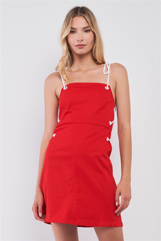 Lace-up Straps Sleeveless Square Neck Fitted Mini Dress - Fashionmj