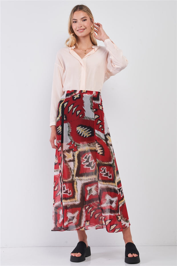 Red & Multi Vintage Graphic Print High-waisted Two Front Slits Maxi Skirt - Fashionmj