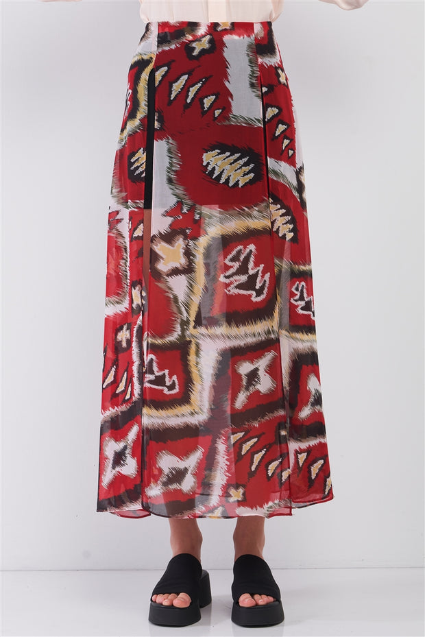 Red & Multi Vintage Graphic Print High-waisted Two Front Slits Maxi Skirt - Fashionmj