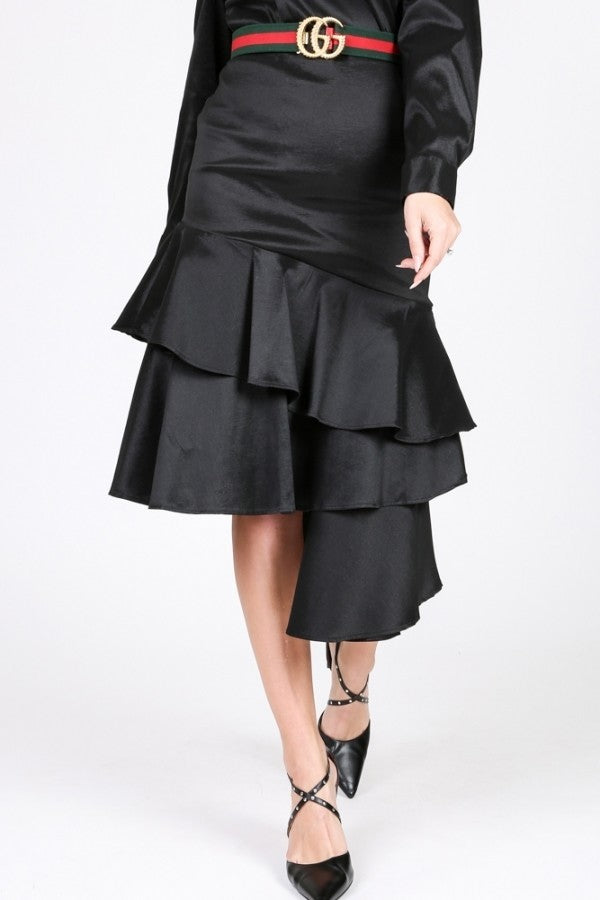 Asymmetrical Ruffle Bottom Satin Skirt - Fashionmj