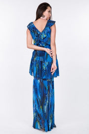 Ruffle Sleeve Tiered Bottom Print Long Dress - Fashionmj