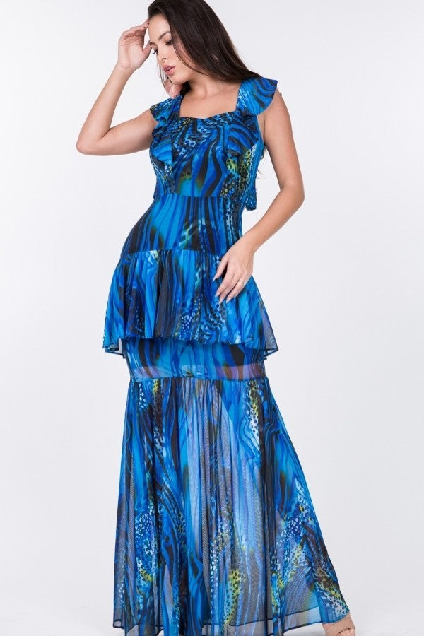 Ruffle Sleeve Tiered Bottom Print Long Dress - Fashionmj