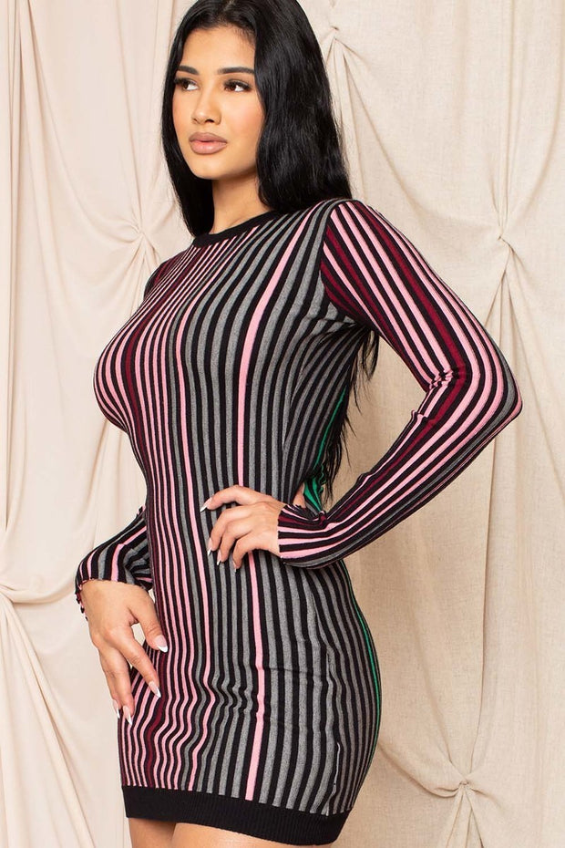 Multi-color Striped Ribbed Dress - Fashionmj