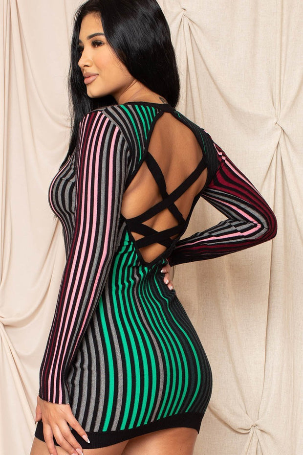 Multi-color Striped Ribbed Dress - Fashionmj