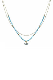 2 Layered Metal Seed Bead Evil Eye Pendant Necklace - Fashionmj