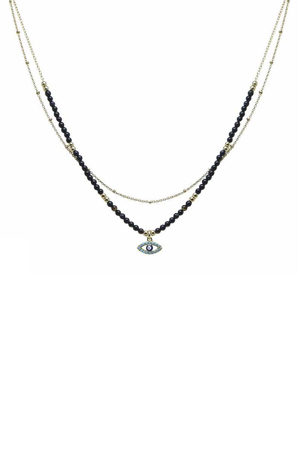 2 Layered Metal Seed Bead Evil Eye Pendant Necklace - Fashionmj