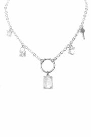 Metal Chain Crystal Stone Lock And Key Dangle Necklace - Fashionmj