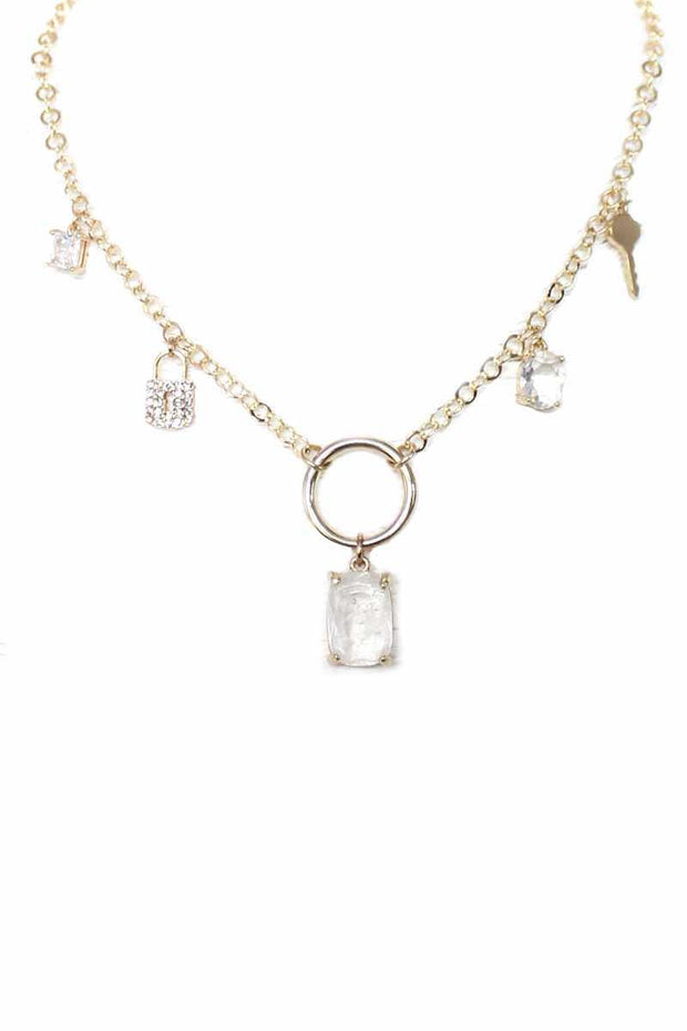 Metal Chain Crystal Stone Lock And Key Dangle Necklace - Fashionmj