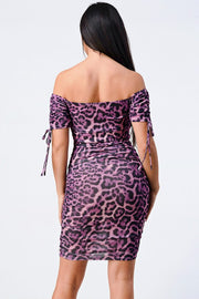 Leopard Print Off Shoulder Shirring Bodycon Dress - Fashionmj