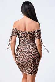 Leopard Print Off Shoulder Shirring Bodycon Dress - Fashionmj