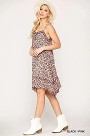 Ditsy Floral Print Sleeveless Dress With Lace Trim - Fashionmj