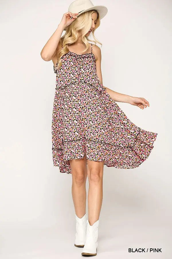 Ditsy Floral Print Sleeveless Dress With Lace Trim - Fashionmj