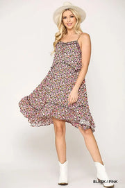 Ditsy Floral Print Sleeveless Dress With Lace Trim - Fashionmj