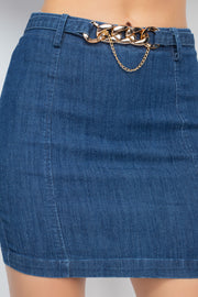 High-rise Belted Chain Denim Skirt - Fashionmj