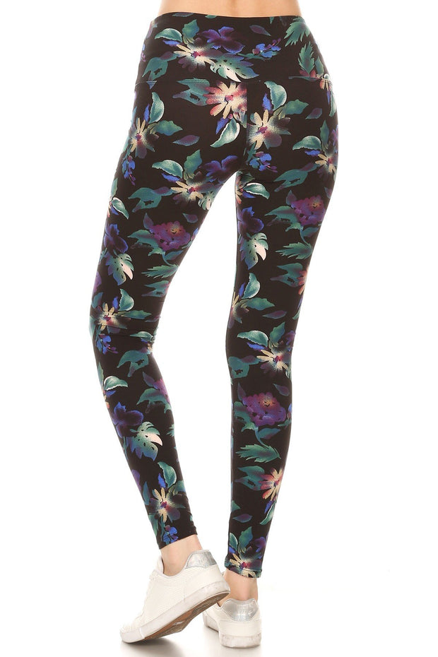 Long Yoga Style Banded Lined Floral Printed Knit Legging With High Waist - Fashionmj