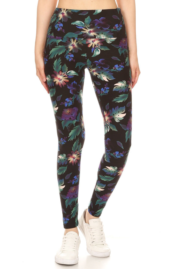 Long Yoga Style Banded Lined Floral Printed Knit Legging With High Waist - Fashionmj