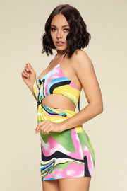 Multi Color Dress With Front Cut Out - Fashionmj