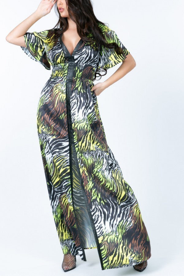 Deep V Neck Slit Zebra Print Long Dress - Fashionmj