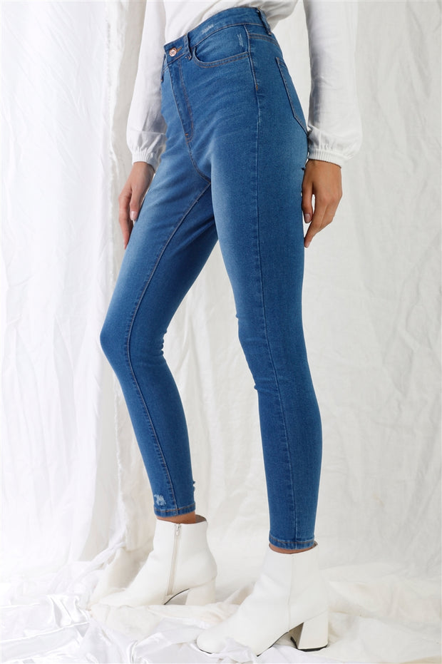 Mid Blue High-waisted With Rips Skinny Denim Jeans - Fashionmj