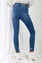 Mid Blue High-waisted With Rips Skinny Denim Jeans - Fashionmj